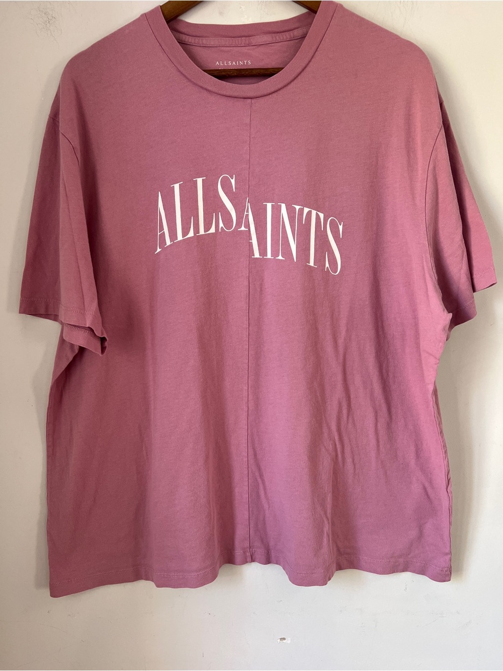 AllSaints Men's Logo Tee in Mauve Pink Drop Out Logo Organic Cotton